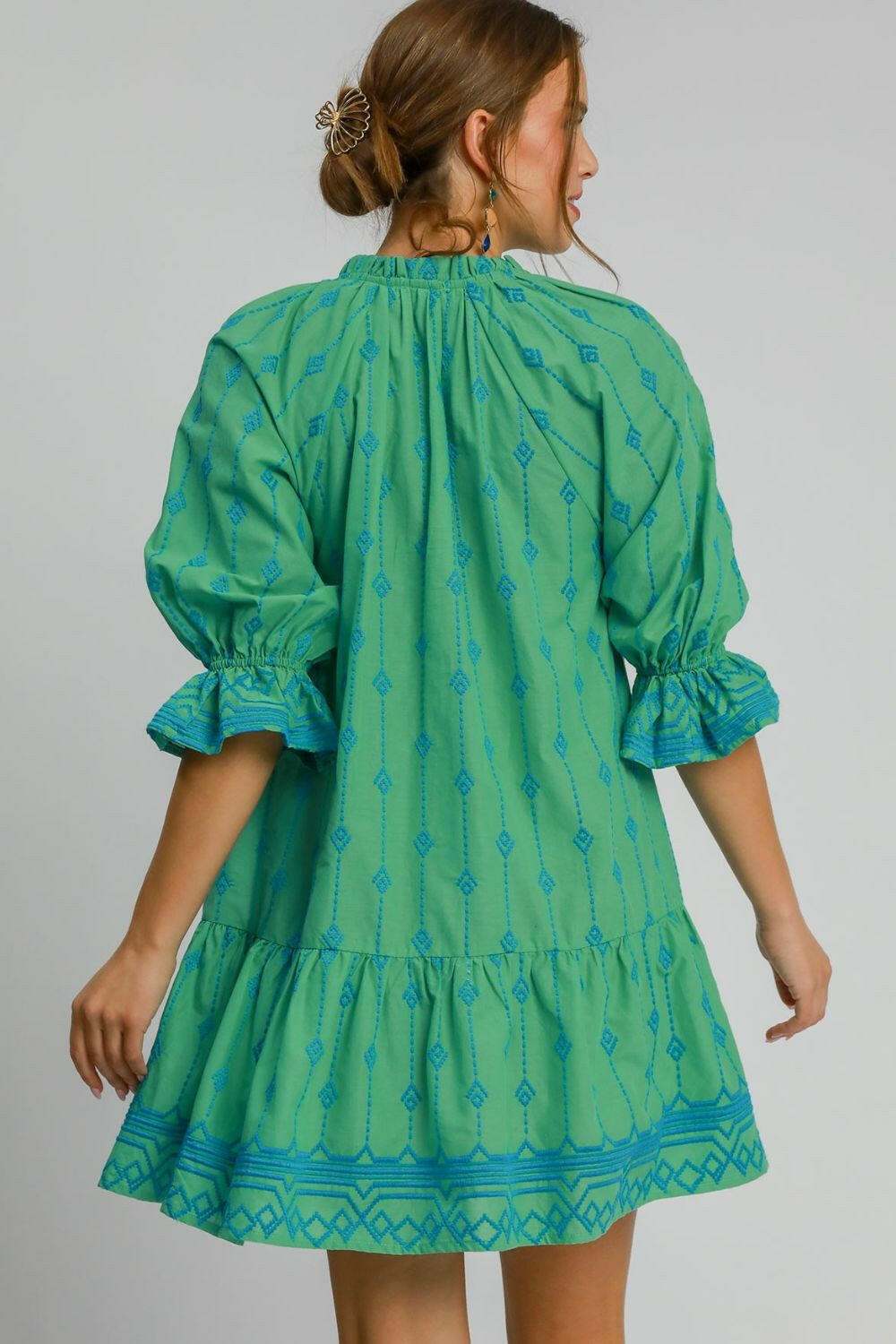 Umgee Full Size Tassel Embroidered Flounce Sleeve Mini Dress Plus Size - StyleLure