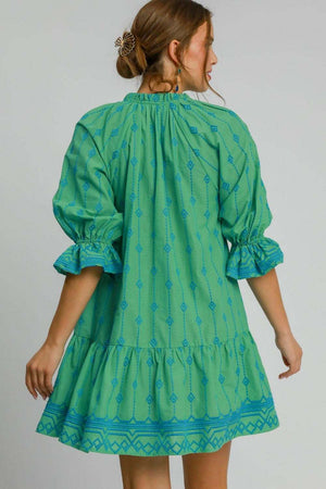 Umgee Full Size Tassel Embroidered Flounce Sleeve Mini Dress Plus Size - StyleLure