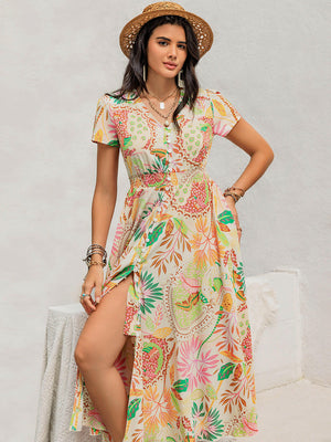 Printed V-Neck Short Sleeve Midi Dress - StyleLure