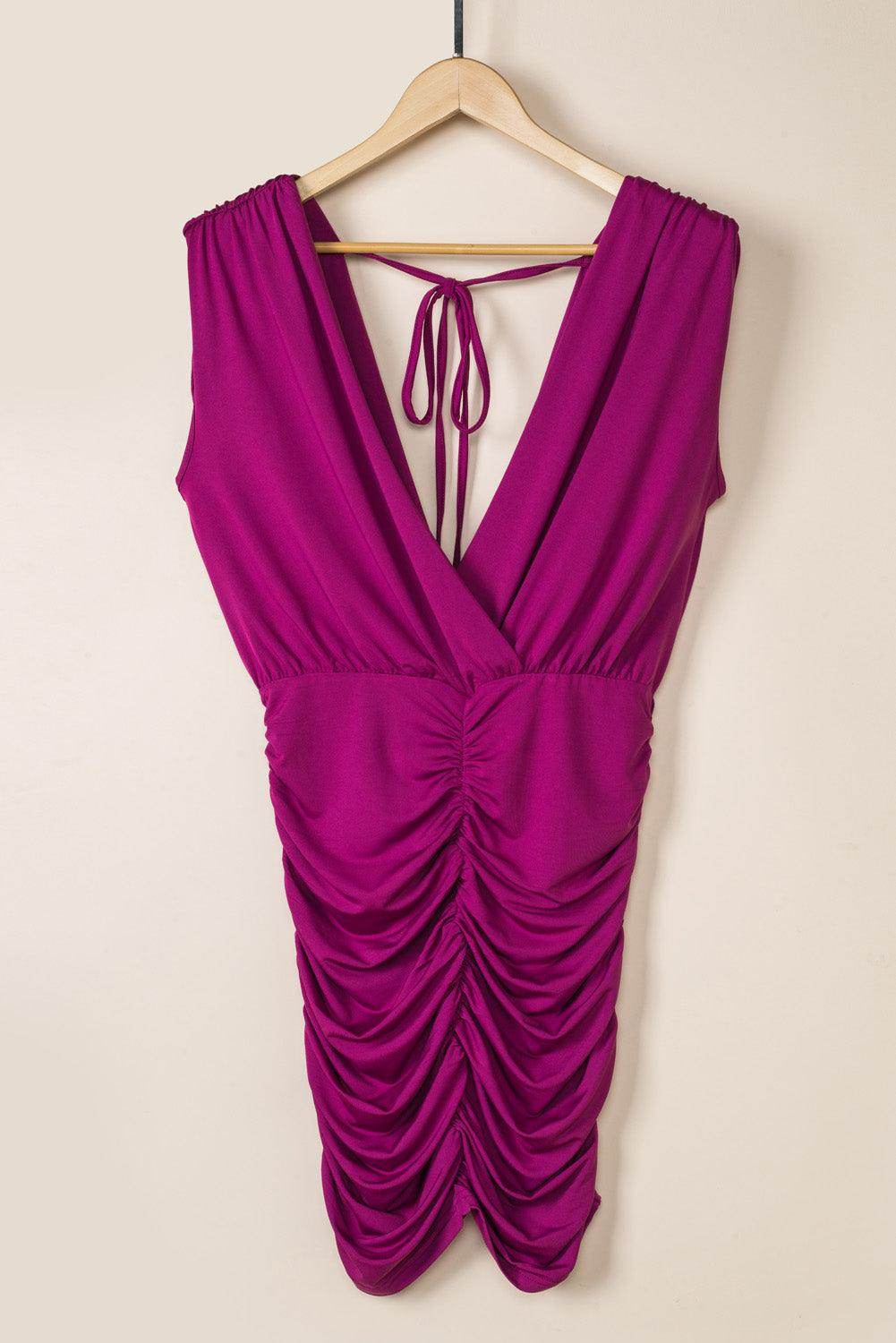 Ruched Surplice Sleeveless Wrap Dress - StyleLure