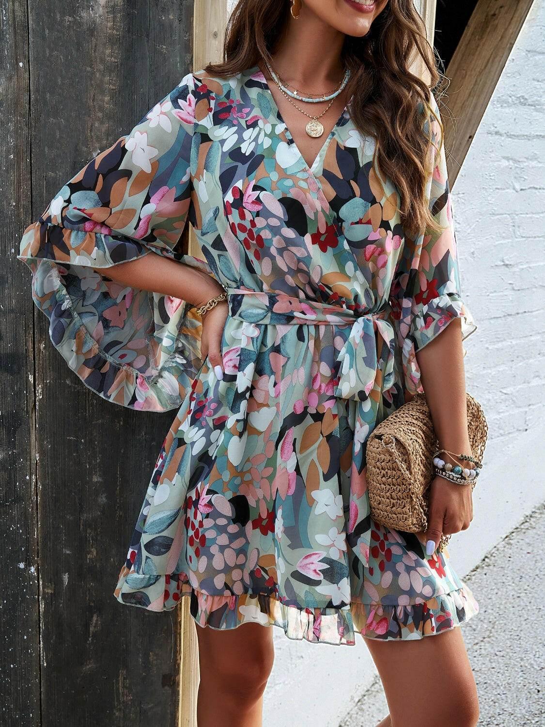 Devine Ruffled Printed Surplice Half Sleeve Mini Dress - StyleLure