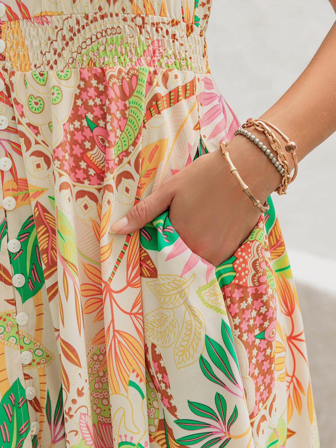 Printed V-Neck Short Sleeve Midi Dress - StyleLure
