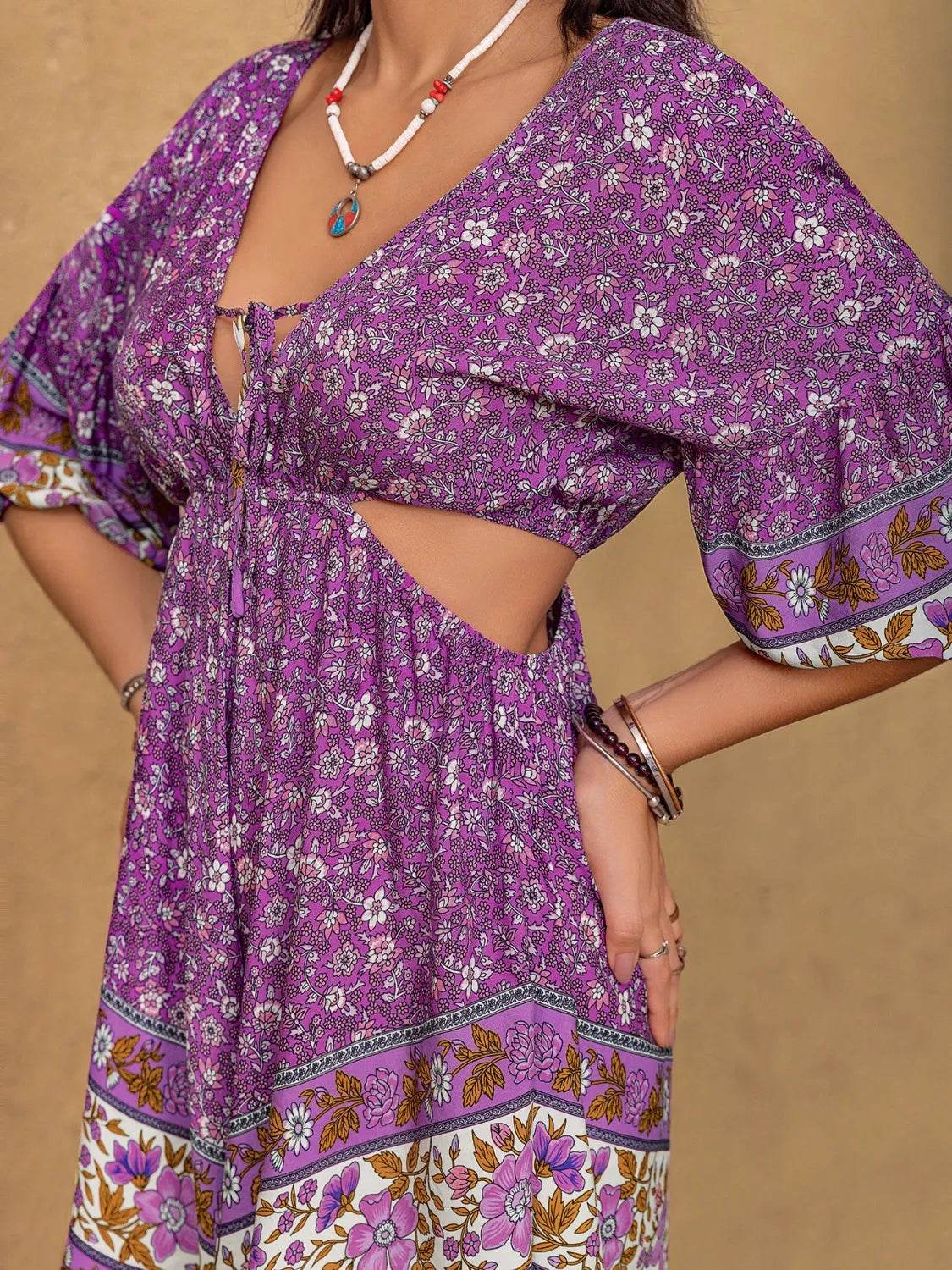 Tied Front Cutout Printed Romper - StyleLure