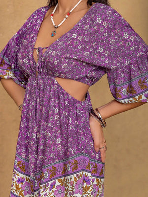 Tied Front Cutout Printed Romper - StyleLure