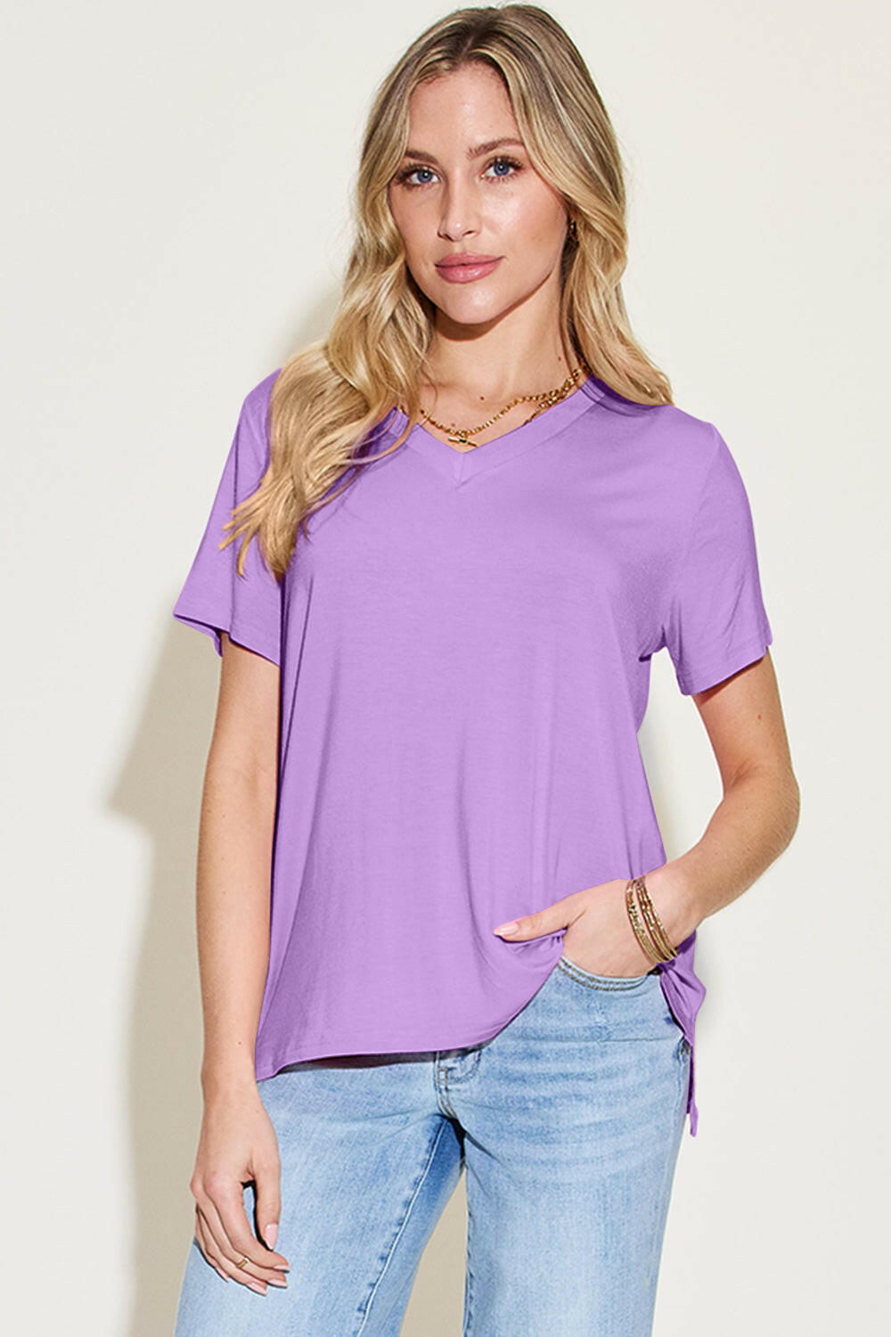 Basic Bae Bamboo Full Size V-Neck High-Low T-Shirt - StyleLure