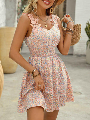 Lace Detail Smocked Printed Wide Strap Mini Dress - StyleLure