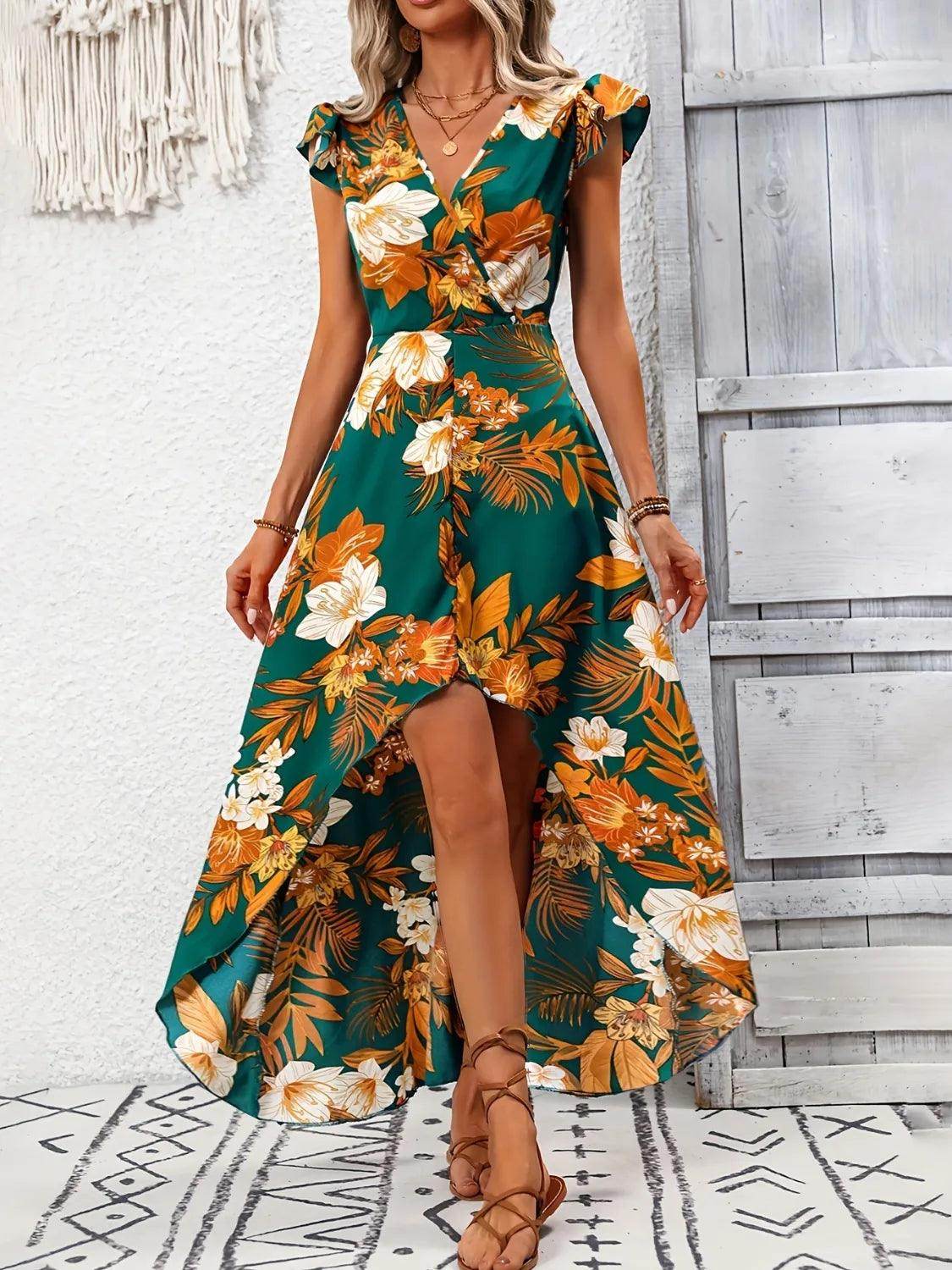 High-Low Printed Cap Sleeve Maxi Dress - StyleLure