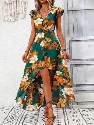 High-Low Printed Cap Sleeve Maxi Dress - StyleLure