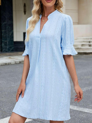 Eyelet Flounce Sleeve Mini Dress - StyleLure
