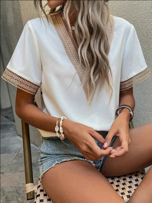 Full Size V-Neck Short Sleeve Blouse Plus Size - StyleLure