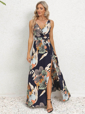 Slit Tied Printed Surplice Dress - StyleLure