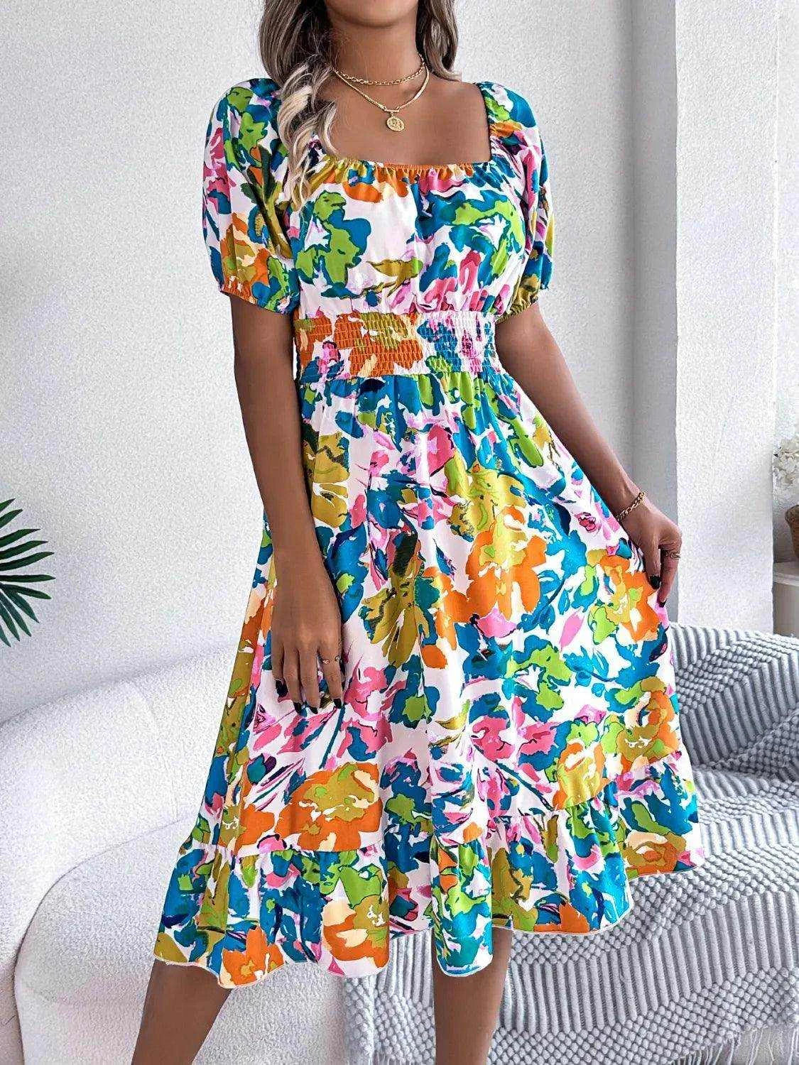 Ruffled Hem Smocked Floral Short Sleeve Midi Dress - StyleLure