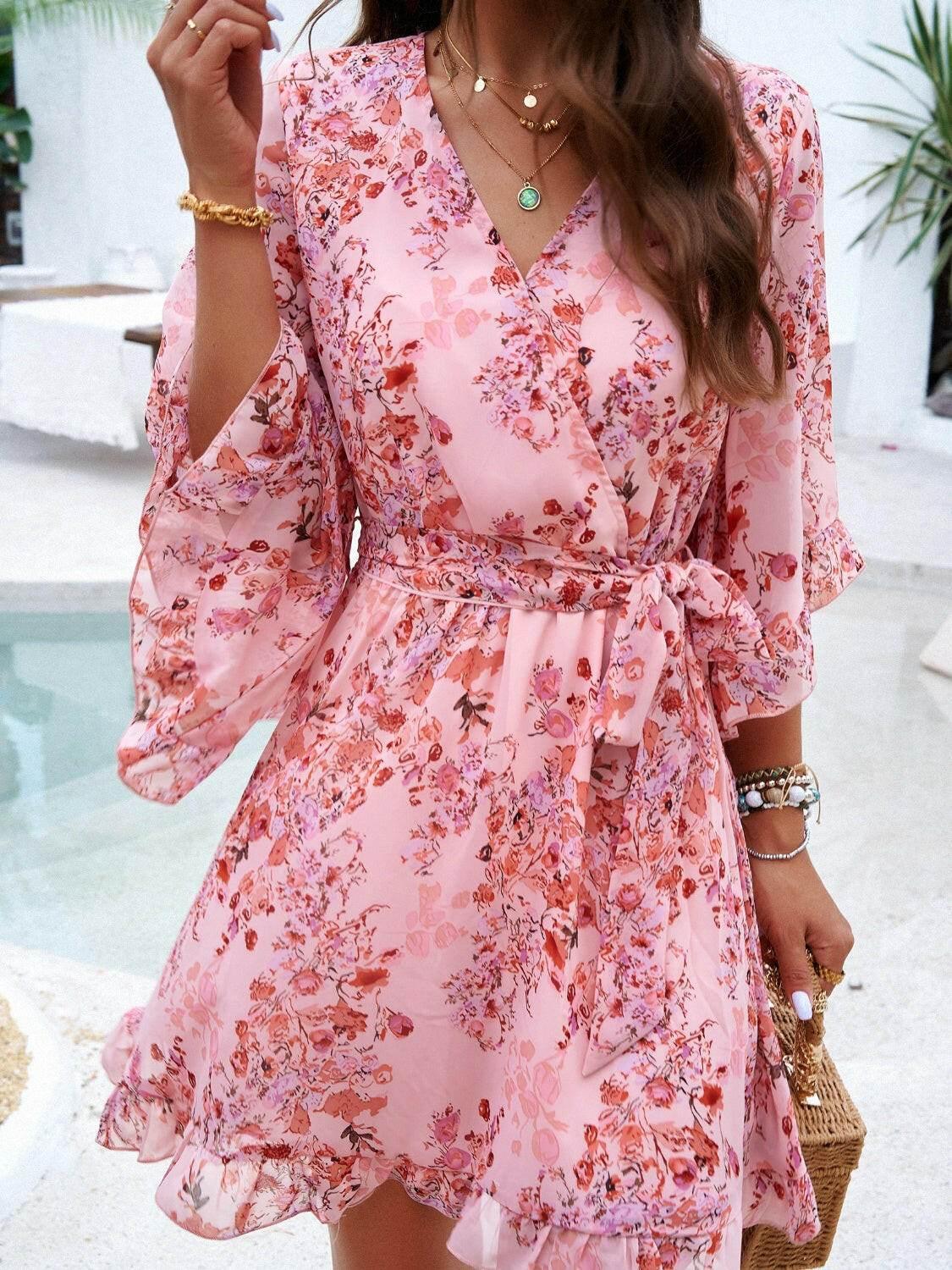 Devine Ruffled Printed Surplice Half Sleeve Mini Dress - StyleLure