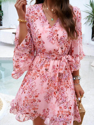 Devine Ruffled Printed Surplice Half Sleeve Mini Dress - StyleLure