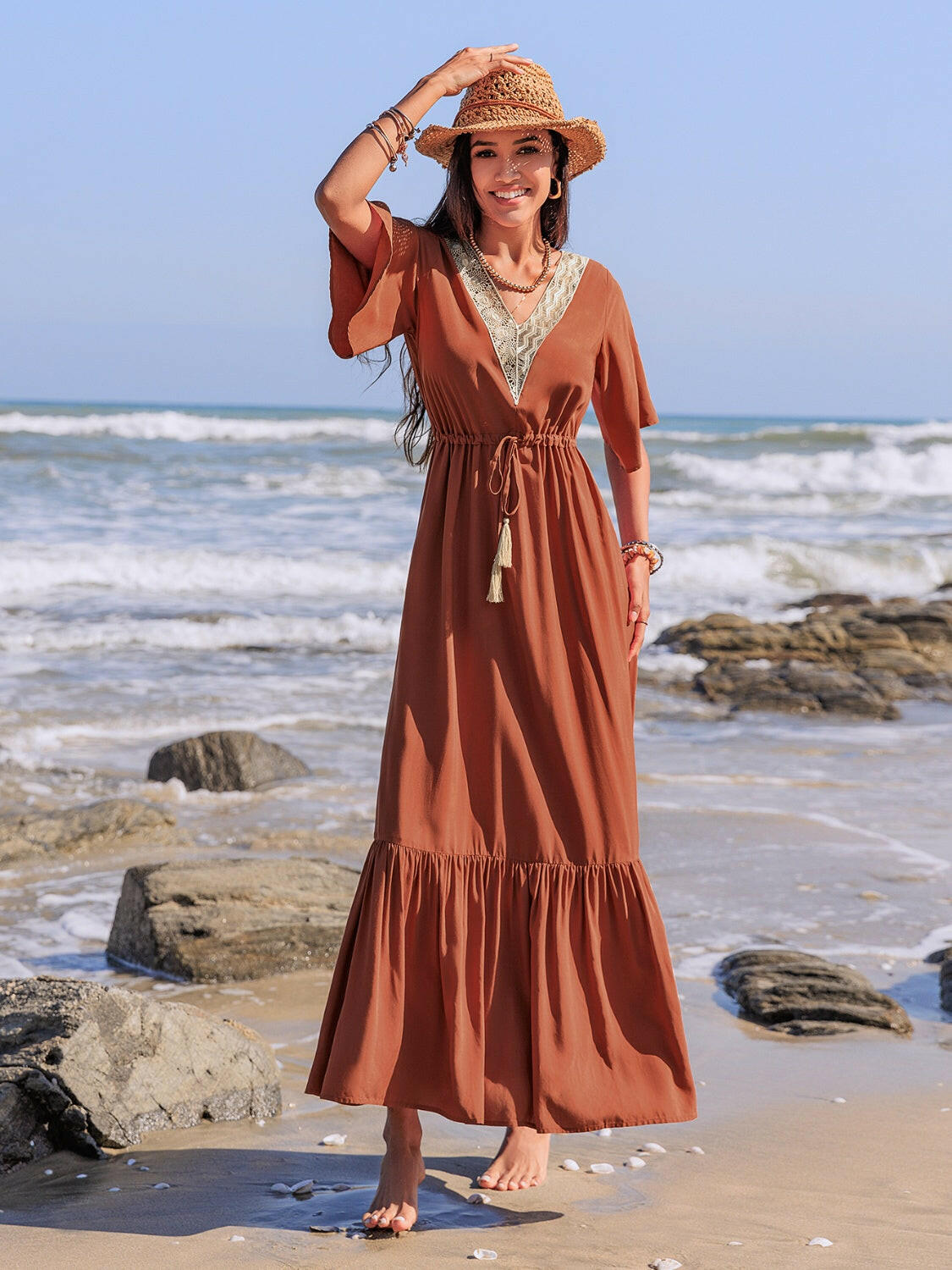 Ruffled Tassel V-Neck Flutter Sleeve Dress - StyleLure