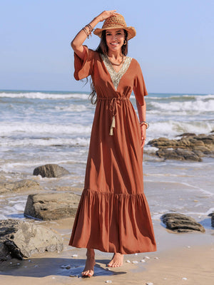 Ruffled Tassel V-Neck Flutter Sleeve Dress - StyleLure