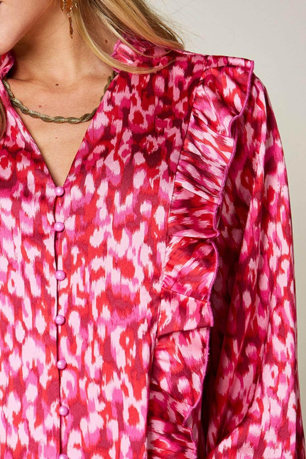 Double Take Full Size Printed Ruffle Trim Balloon Sleeve Shirt - StyleLure