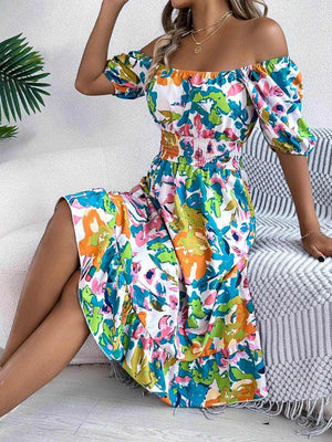 Ruffled Hem Smocked Floral Short Sleeve Midi Dress - StyleLure