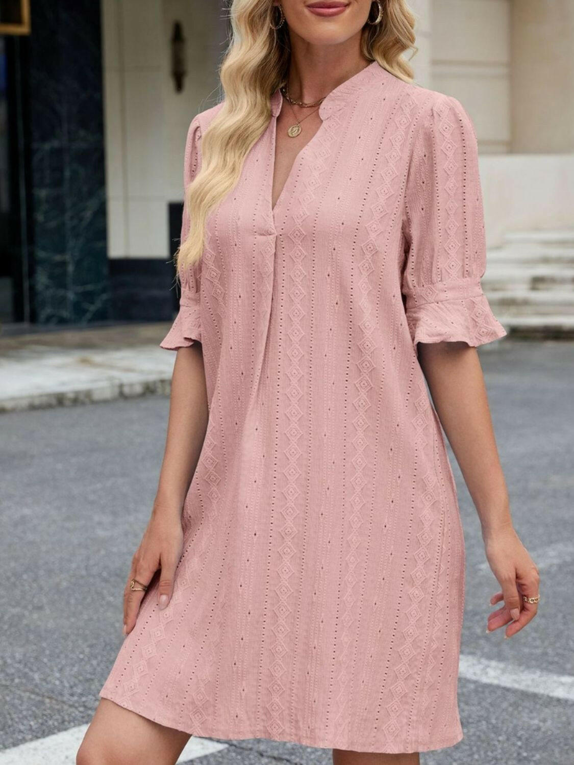 Eyelet Flounce Sleeve Mini Dress - StyleLure