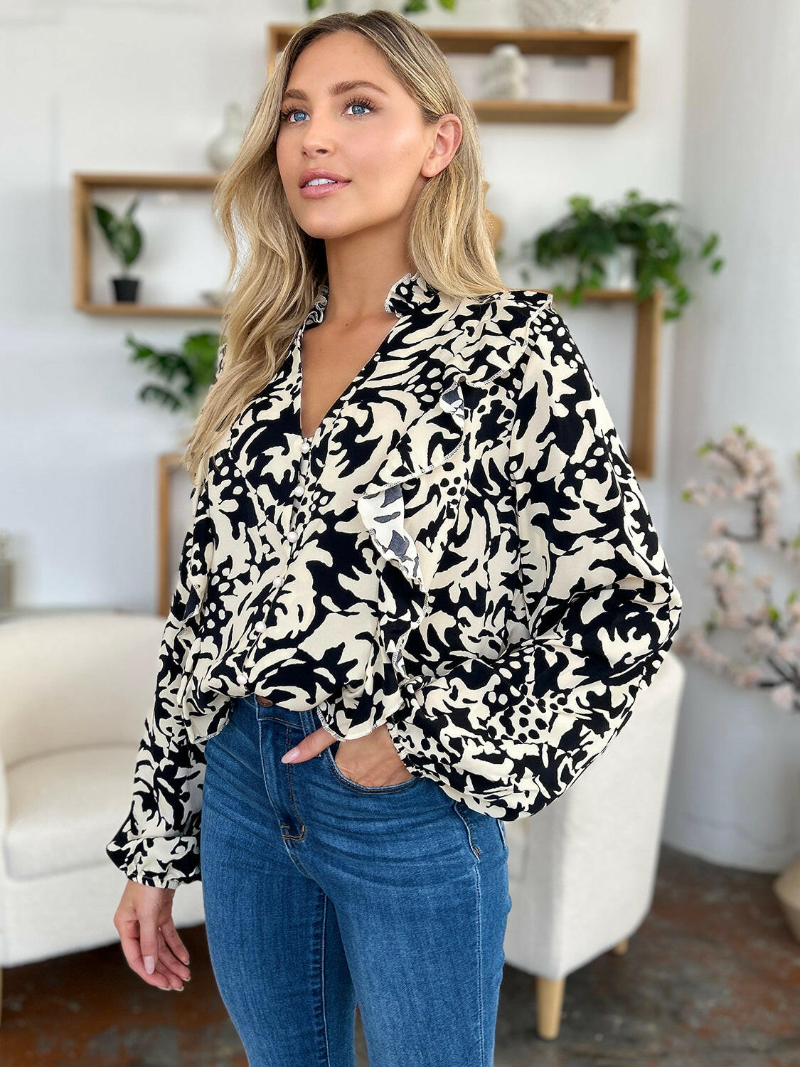 Double Take Full Size Printed Ruffle Trim Balloon Sleeve Shirt - StyleLure