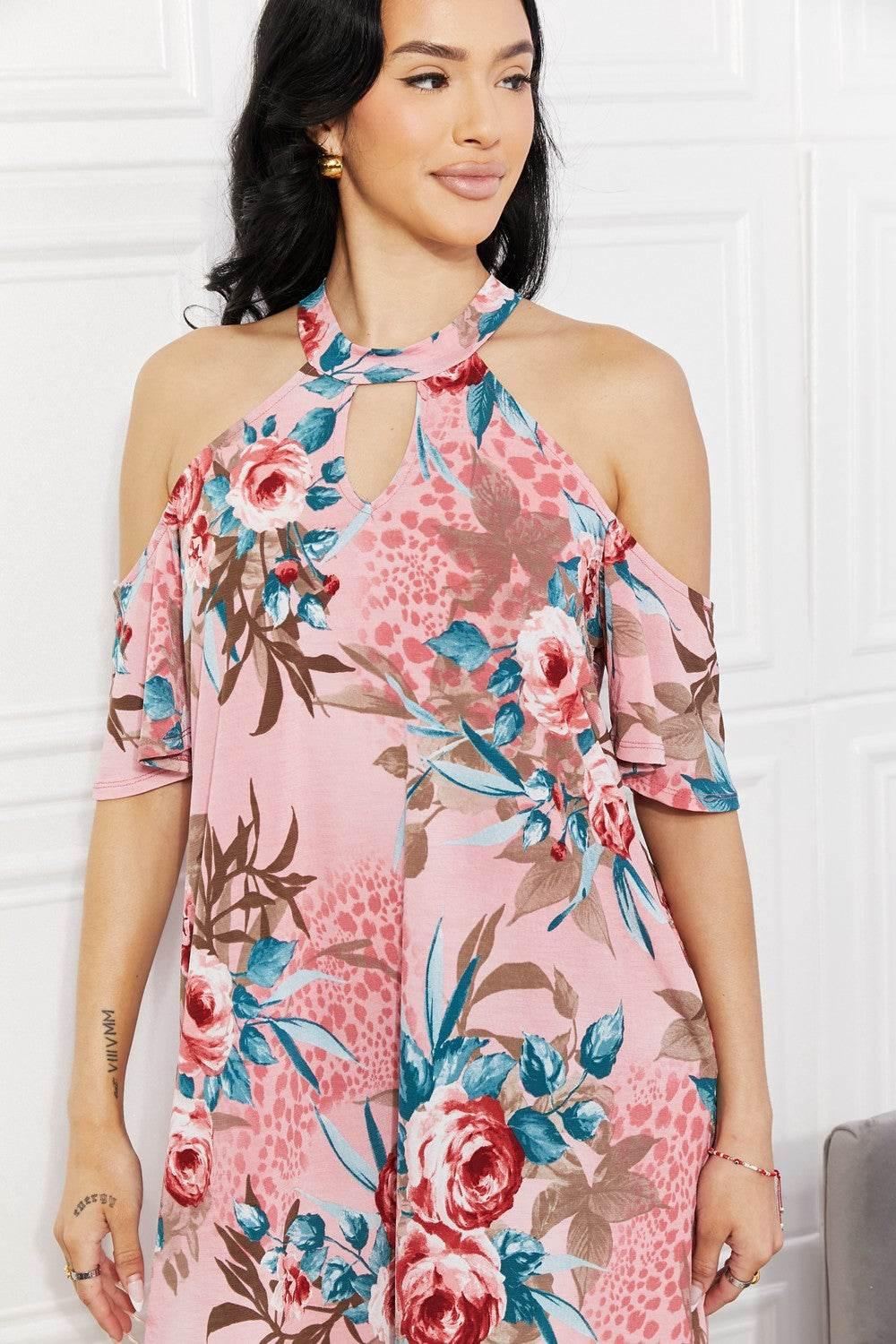 Sew In Love Full Size Fresh-Cut Flowers Cold-Shoulder Dress - StyleLure