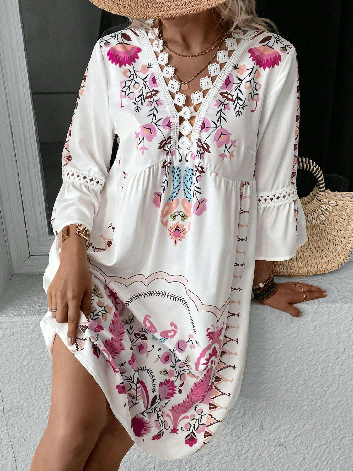 Lace Detail Printed Three-Quarter Sleeve Dress - StyleLure