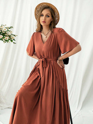 Plus Size V-Neck Flutter Sleeve Midi Dress - StyleLure