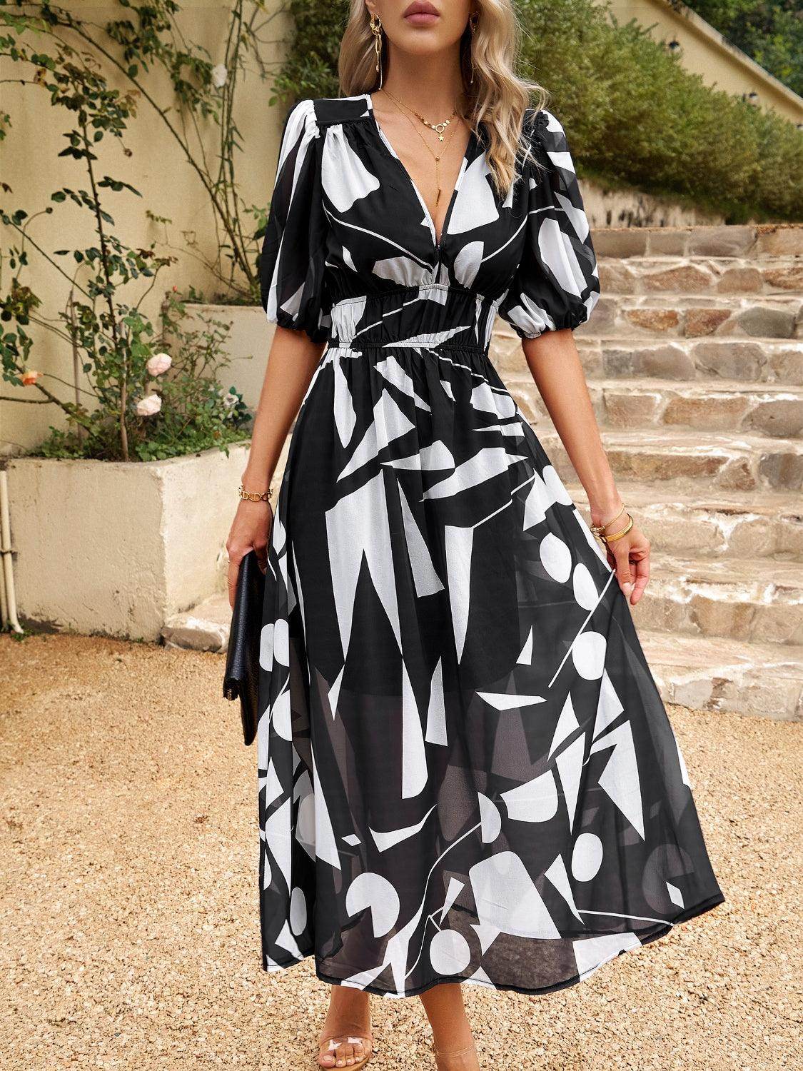 Devine Smocked Printed V-Neck Half Sleeve Midi Dress - StyleLure