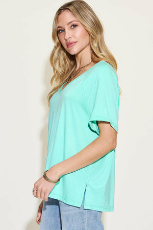 Basic Bae Full Size Bamboo Slit V-Neck Short Sleeve T-Shirt - StyleLure