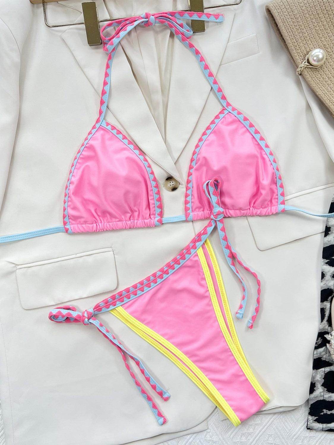 Contrast Trim Halter Neck Bikini Set - StyleLure
