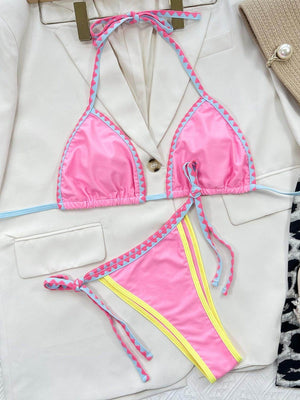 Contrast Trim Halter Neck Bikini Set - StyleLure