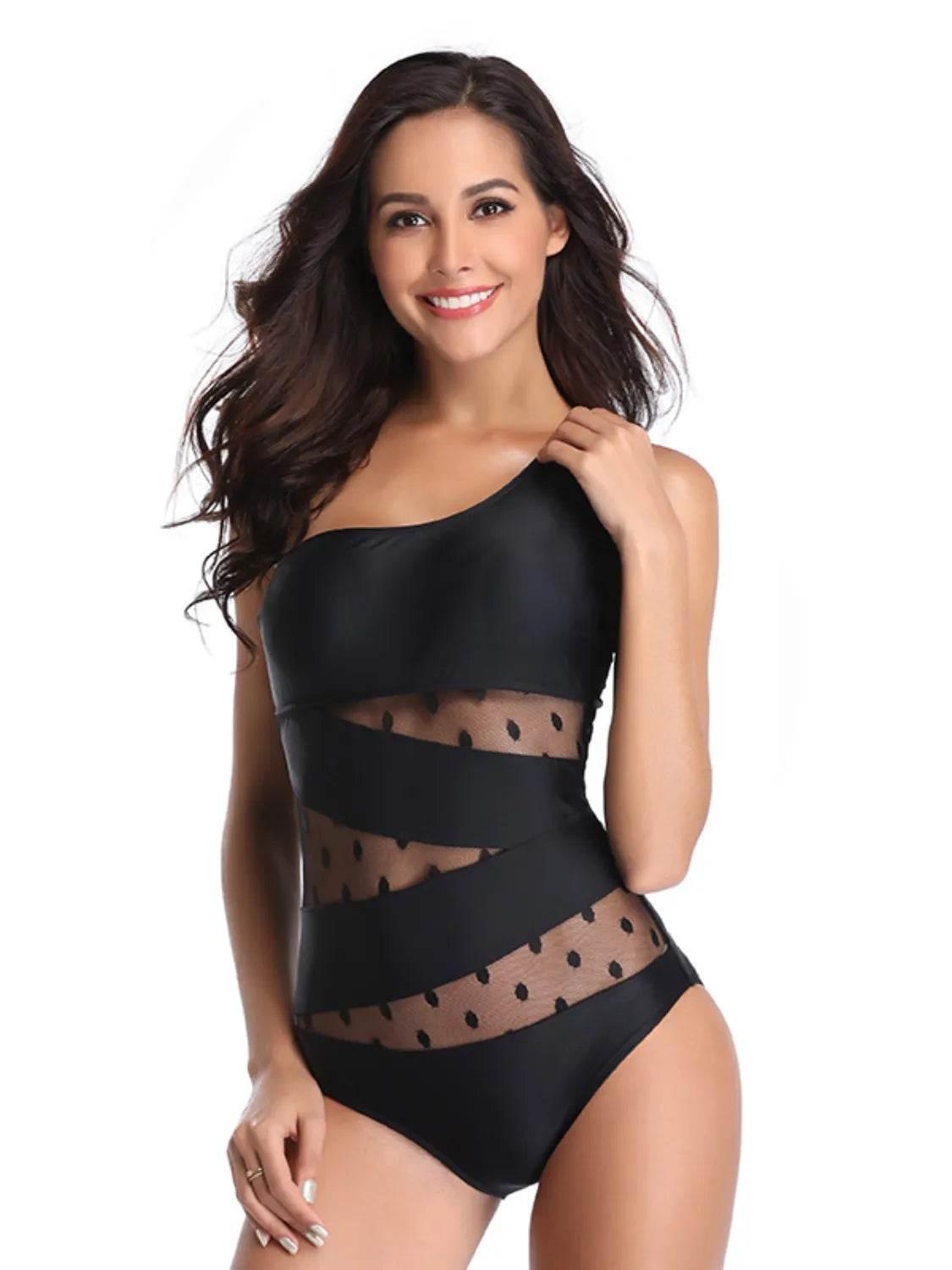 One Shoulder Polka Dot One-Piece Swimwear - StyleLure