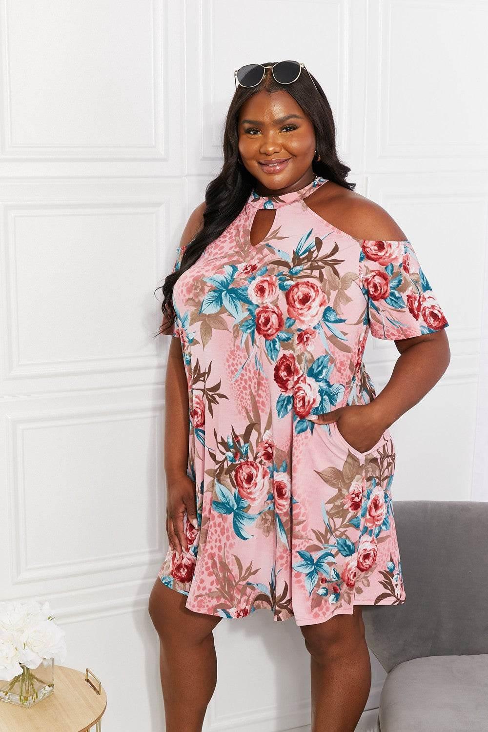 Sew In Love Full Size Fresh-Cut Flowers Cold-Shoulder Dress - StyleLure