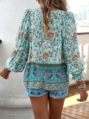Devine Bohemian Tie Neck Lantern Sleeve Blouse - StyleLure
