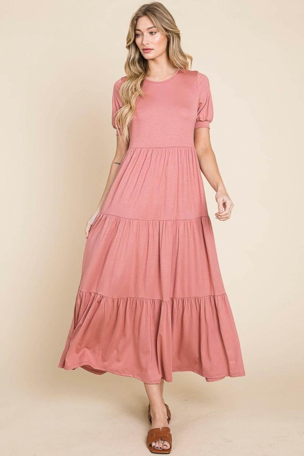 BOMBOM Short Sleeve Tiered Maxi Dress - StyleLure