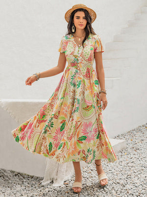 Printed V-Neck Short Sleeve Midi Dress - StyleLure