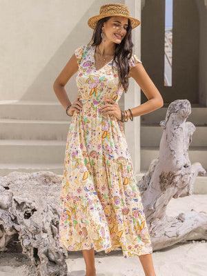 Ruched Printed Cap Sleeve Midi Dress - StyleLure