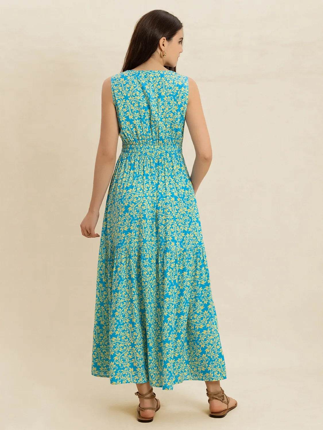 Slit Printed V-Neck Sleeveless Dress - StyleLure