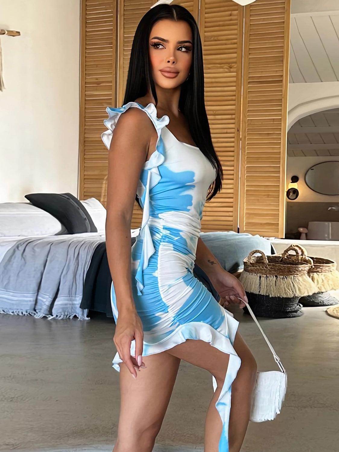 Ruffled Tie-Dye Single Shoulder Mini Dress - StyleLure