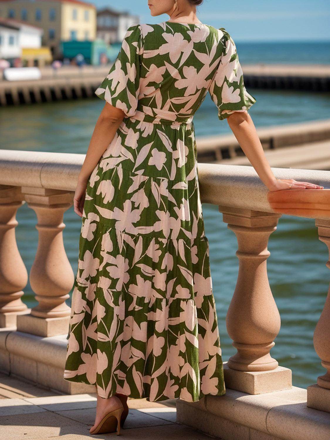 Tied Slit Printed Half Sleeve Midi Dress - StyleLure