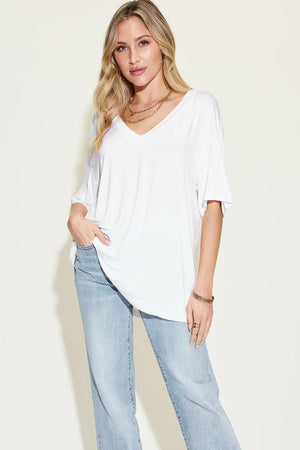 Basic Bae Full Size Bamboo V-Neck Drop Shoulder T-Shirt - StyleLure