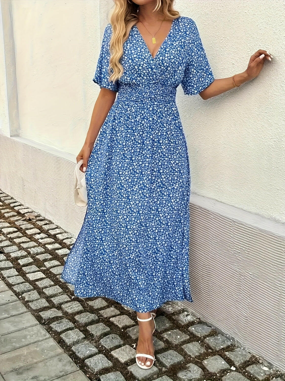 Slit Ditsy Floral Surplice Short Sleeve Maxi Dress - StyleLure