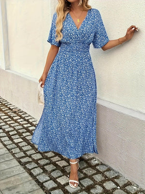 Slit Ditsy Floral Surplice Short Sleeve Maxi Dress - StyleLure