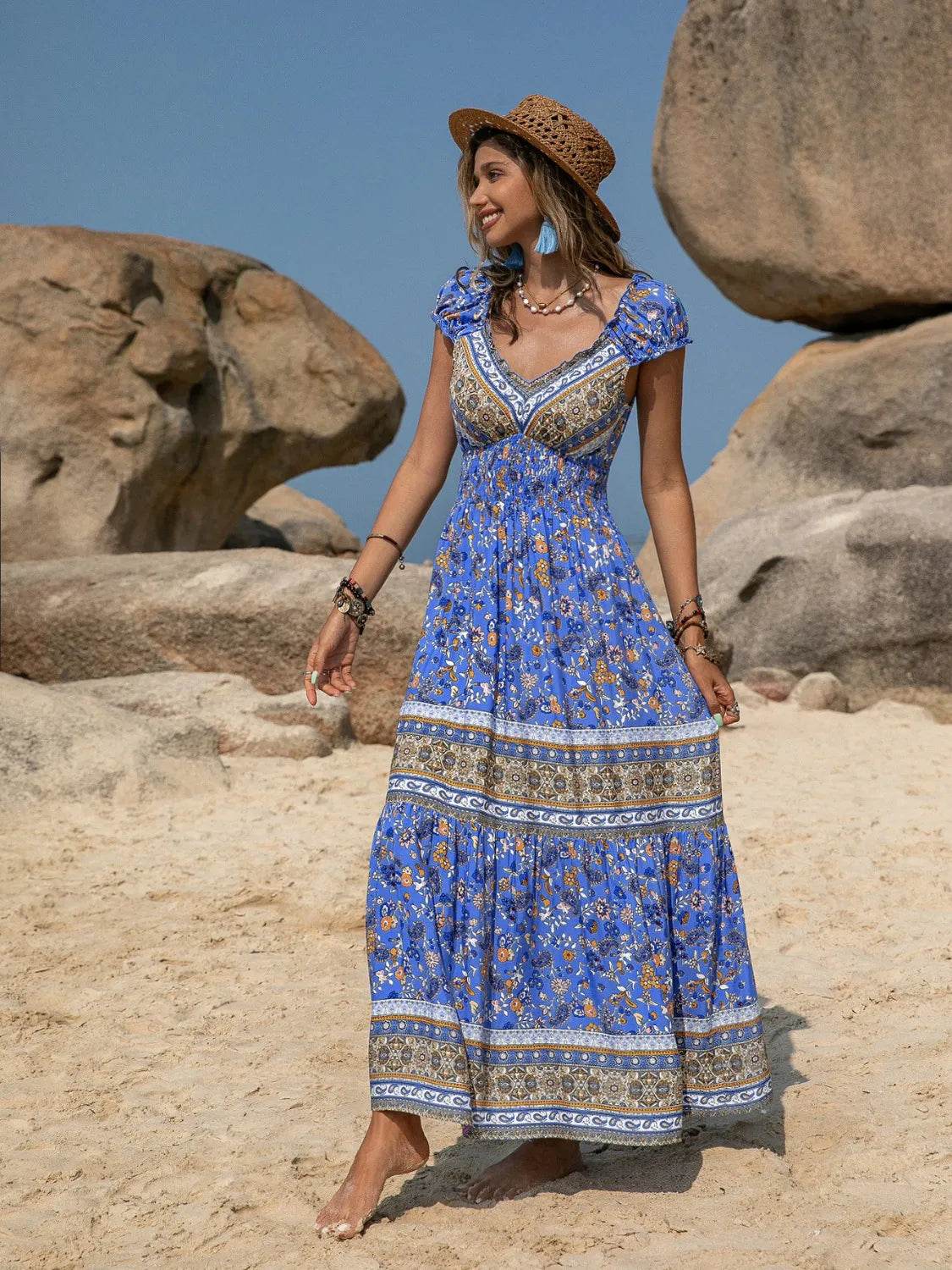 Printed V-Neck Cap Sleeve Midi Dress - StyleLure