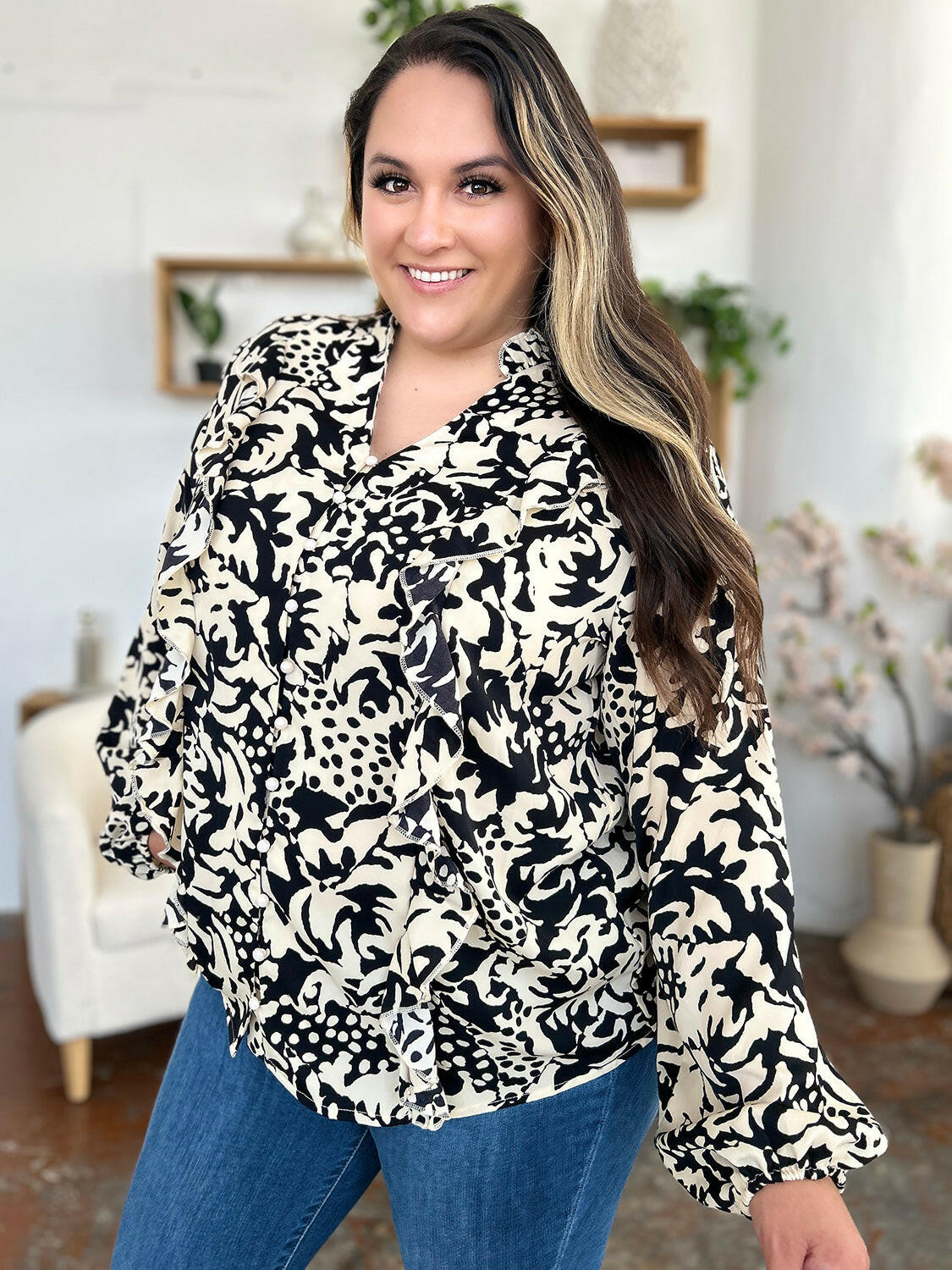 Double Take Full Size Printed Ruffle Trim Balloon Sleeve Shirt - StyleLure