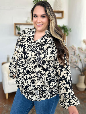 Double Take Full Size Printed Ruffle Trim Balloon Sleeve Shirt - StyleLure