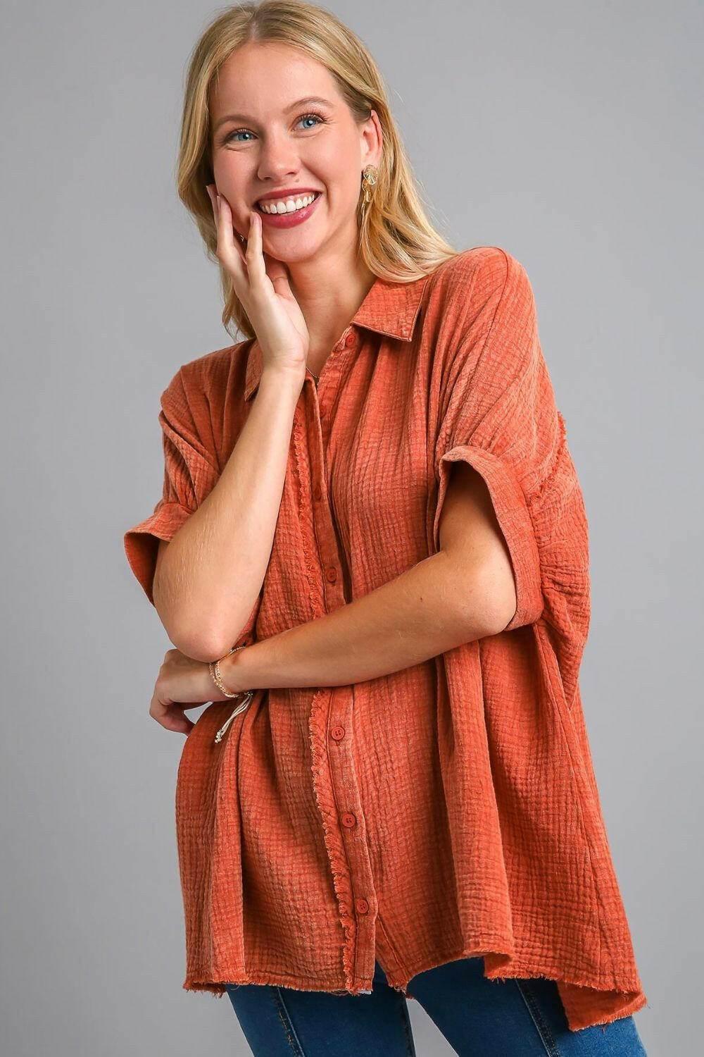 Umgee Full Size Cotton Gauze Mineral Wash Button Down Shirt Plus Size - StyleLure