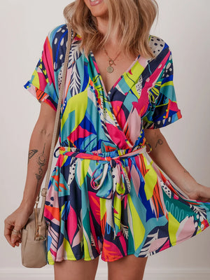 Multicolour tropical printed surplice neck tie waist romper with short sleeves and belted waist