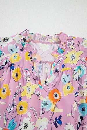 Printed Notched Double Layered Ruffle Sleeve Blouse - StyleLure