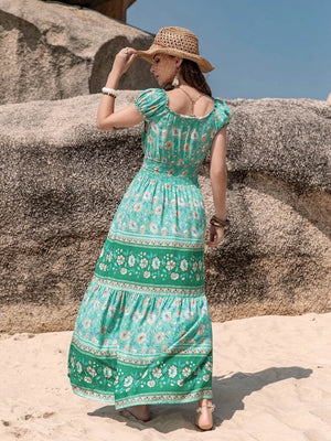 Smocked Printed V-Neck Dress - StyleLure